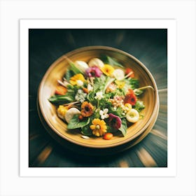 A close-up of a vibrant salad with edible flowers. Art Print