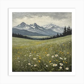 Vintage Oil Painting of Wild Flowers in a Meadow, Mountains in the Background 17 Art Print