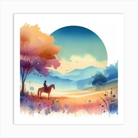 Watercolor Landscape With A Horse Art Print