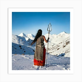 Firefly Graceful Indian Woman With Trident Walking Towards Snowy Hills 47468 Art Print