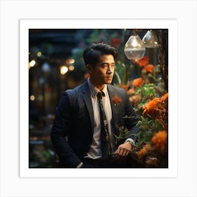 Asian Man With Flowers Art Print