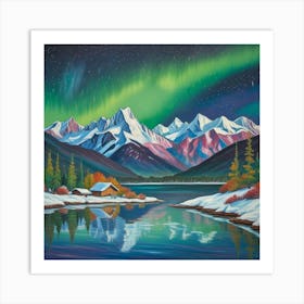 Aurora Over Snow Capped Peaks A Tranquil Mountain Reflection (6) Art Print