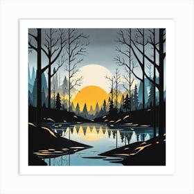 Sunset In The Forest 1, Forest, sunset,   Forest bathed in the warm glow of the setting sun, forest sunset illustration, forest at sunset, sunset forest vector art, sunset, forest painting,dark forest, landscape painting, nature vector art, Forest Sunset art, trees, pines, spruces, and firs, black, blue and yellow, lake in sunset, lake in forest  Art Print