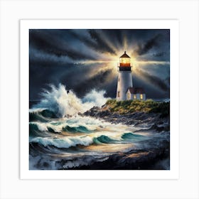 Lighthouse At Night 1 Art Print