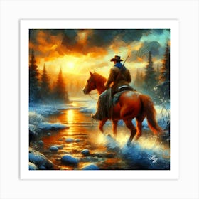 Cowboy Riding Across A Stream 2 Copy Art Print