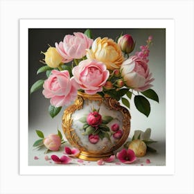 Antique fuchsia jar filled with purple roses, willow and camellia flowers 5 Art Print