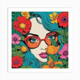 Girl With Glasses And Flowers Art Print