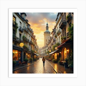 City Street At Sunset Art Print