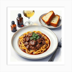 Watercolor Depiction Of A Savory And Hearty Beef Bourguignon On A Stylish Restaurant Table Art Print