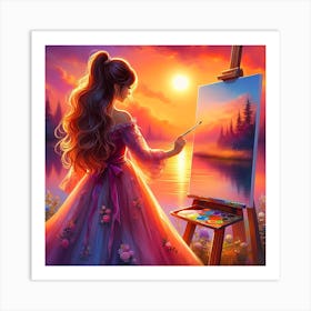 girl is painting sunset Art Print