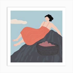 Woman Sitting On A Rock Art Print