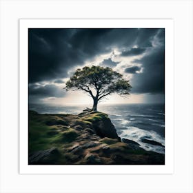 Lone Tree On The Cliff, A Lone Tree Standing Strong On A Cliff Edge Against A Stormy Sky Representing The Courage 1 Art Print