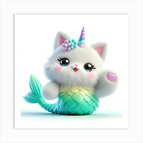 Fluffy 3D image of mermaid caticorn 4 Art Print