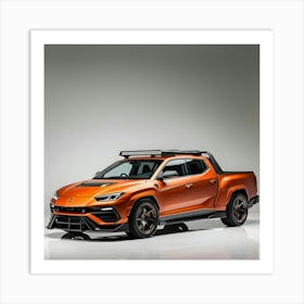 A Sleek, Vibrant Orange Lamborghini Urus, Extensively Modified With A Full Body Kit, Transformed Into A Rugged Pickup Truck With A Sturdy Rear Bed, Aggressive Wheel Wells, And A Distinctive Bumper, Featuring Sharp, Angular Lines Art Print