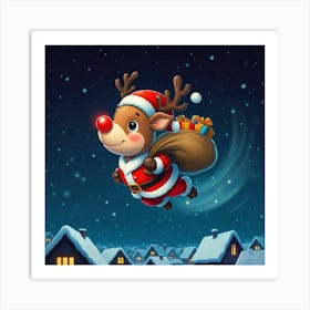 Reindeer Flying In The Sky in santa costumes, with a sack of Christmas presents, in a starry night Art Print