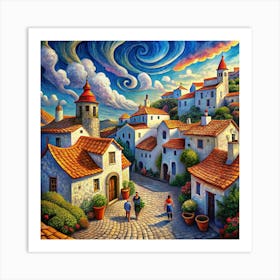 A Surreal Painting Depicting A Quaint Village 1 Art Print