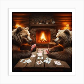 Bears Playing Cards In A Cabin Art Print