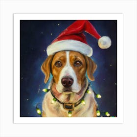 Full Shot Dog Santa Hat Christmas Lights Painti Art Print