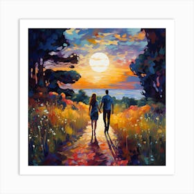 Couple Walking At Sunset Art Print