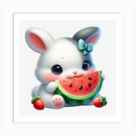 Cute Bunny Eating Watermelon Art Print