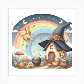 Witch House With Cat And Rainbow Art Print