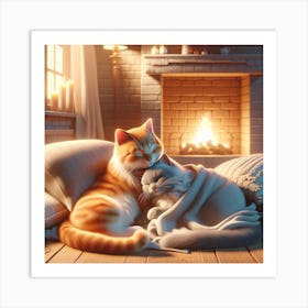 Two Cats Cuddling In Front Of Fireplace Art Print