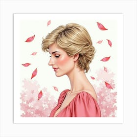 Princess Diana In A Watercolor Setting With Floating Petals 1 Art Print