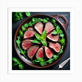 Steak On A Plate With Mint Leaves Art Print
