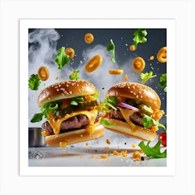 Burgers Flying In The Air Art Print