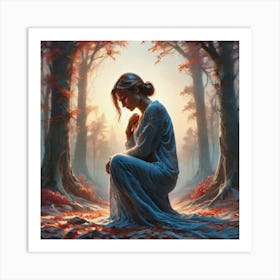 Woman Kneeling In The Woods Art Print