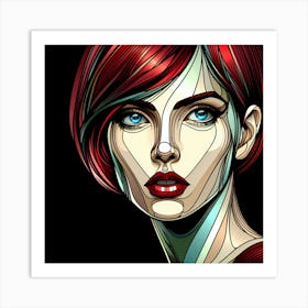 Short Red Hair Beauty In Creative Color Line Drawing Art Print