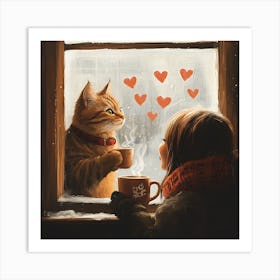 Cat and Person Sharing Hot Cocoa Artwork 1 Art Print