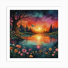 Sunset By The Lake The Magic of Watercolor: A Deep Dive into Undine, the Stunningly Beautiful Asian Goddess Art Print