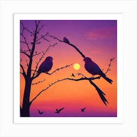 Silhouette Of Birds At Sunset Art Print