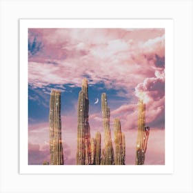 Dreamy Clouds Sparkly Cactus Square Art Print