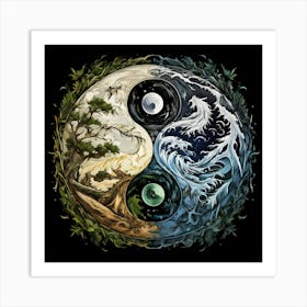 Yin And Yang Symbol With Natural Elements Representing Balance And Harmony Art Print