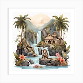 Waterfall and monkeys Art Print