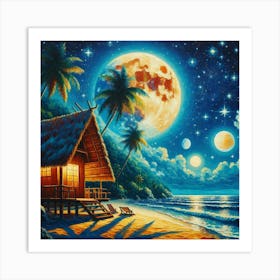 Beach House At Night Art Print