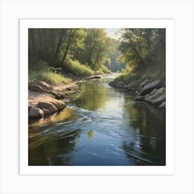 A realistic oil painting of a river, capturing the play of light and shadow on the water's surface and the intricate textures of the surrounding landscape. 3 Art Print