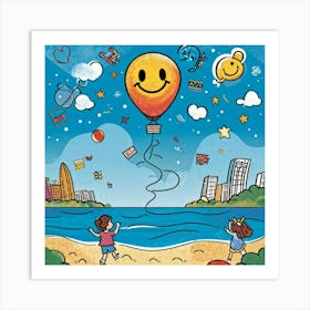 Cartoon Illustration Of A Hand Drawn Balloon Adorned With A Happy Face Floating Over A Bustling Beac (4) Art Print