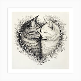 Delicate Ink Drawing of Cats Love Heart 8 Art Print