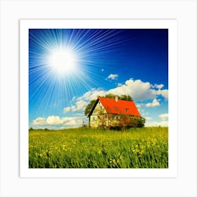 Firefly House, Sun, Cloud, Flower, Meadow, Nature, Landscape, Serene, Peaceful, Sunny, Vibrant, Sky, (11) Art Print