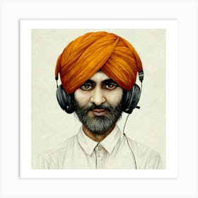 Sikh Man With Headphones Art Print