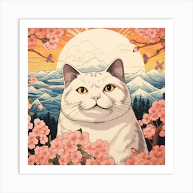 Ukiyoe painting of a White Cat In Cherry Blossoms Art Print