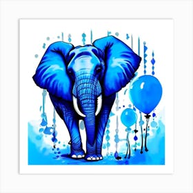 Blue Elephant With Balloons Art Print