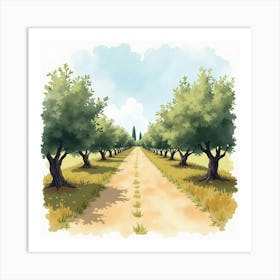 Spanish Olive Grove Painted With Soft Watercolor Shades And Textures Art Print