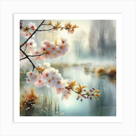 Cherry Blossom Watercolor: Misty Morning Over Fall Pond - Alison Brady's Pastel Masterpiece. Art Print