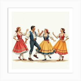 Traditional English Folk Dance, Watercolor With Vibrant Costumes 1 Art Print