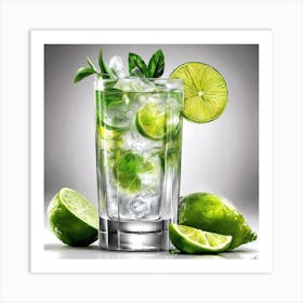 A tall glass of gin and tonic with a twist of lime Art Print