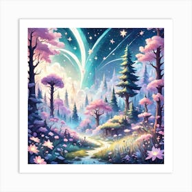 A Fantasy Forest With Twinkling Stars In Pastel Tone Square Composition 45 Art Print